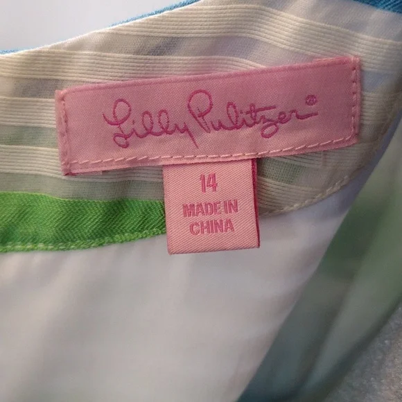 Lilly Pulitzer Silk Blend, Striped Blue, White and Green Sheath Dress, Size 14 - Picture 7 of 14